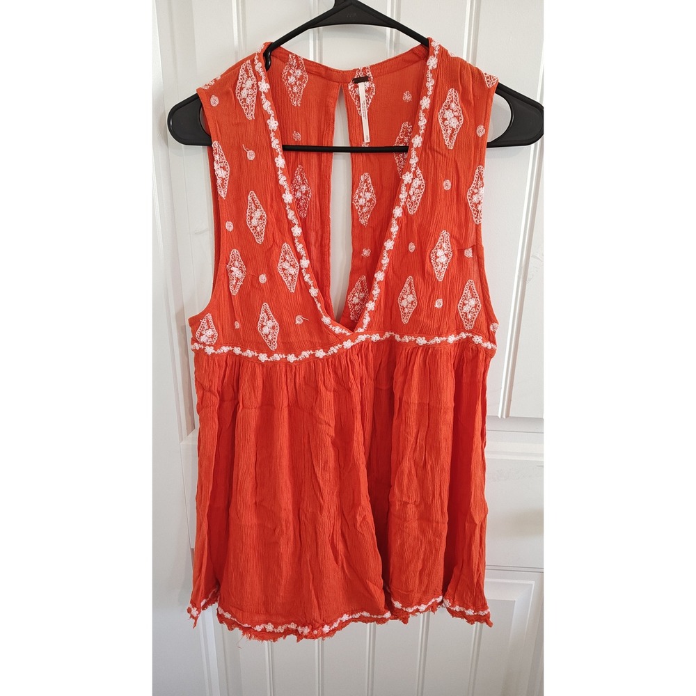 Womens S/P Free People Orange Boho Embroidered Sleeveless V-Neck Tank Top